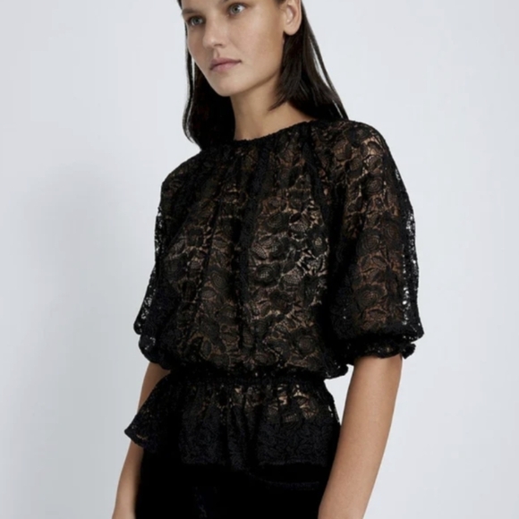 7 For All Mankind Women Black Soft Volume Lace Top Half Sleeve Elastic Waist S - Picture 1 of 12